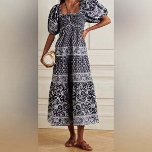Sea New York Jasper Dress, Navy and White Paisley Puff-Sleeve Smocked Midi Dress